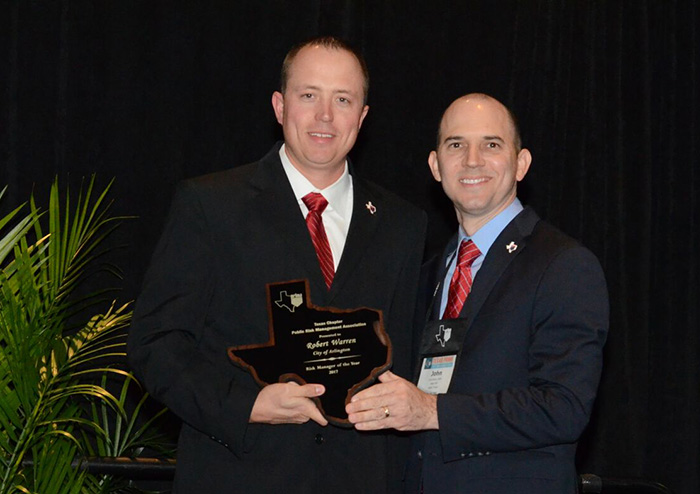 Robert Warren, CRM -- Risk Professional of the Year (2017) Robert Warren, CRM, risk manager for the City of Arlington (TX), was named Texas PRIMA's Risk Professional of the Year (2017). Warren received his award from Texas PRIMA President John Palm III during the organization's annual Conference & Expo (Nov. 14, 2017 – Galveston).